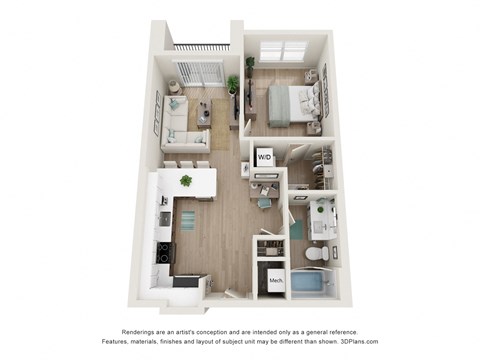 Floor plan for 1 bed, 1 bath, 674 sqft